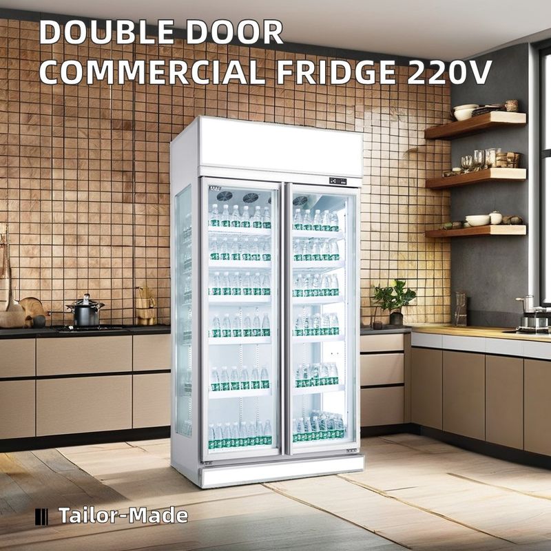 Commercial 220V Single-Temperature LED Light Glass-Freezer Double-Door Beverage Cooler Digital Hotel Display Drinks Storage