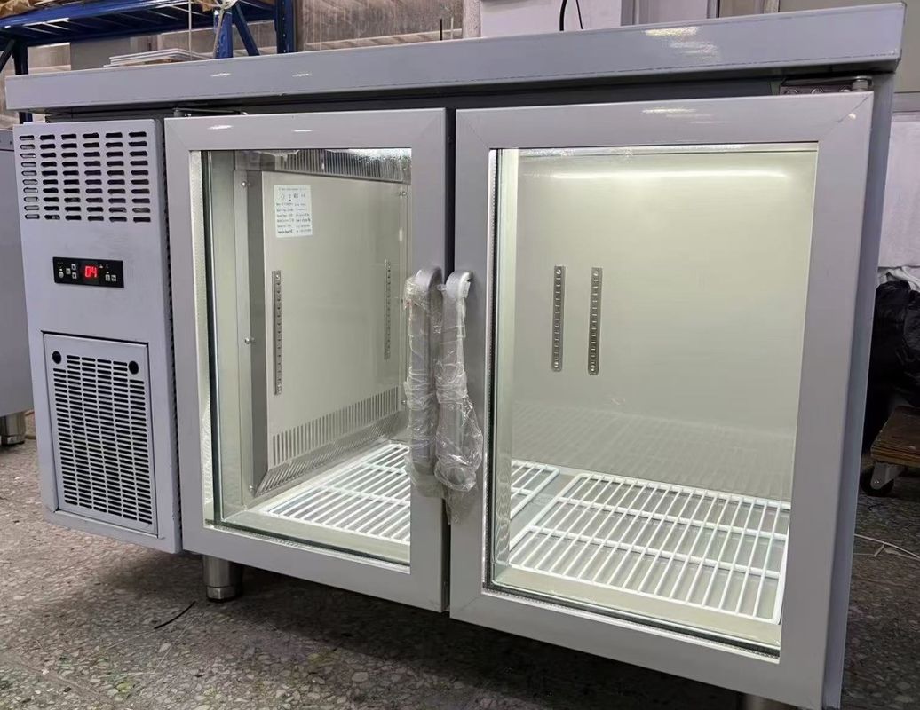 Commercial Single-Temperature Undercounter Worktop Chiller Cooler LED Two Glass Doors Supermarket Ice Cream Kitchen Display